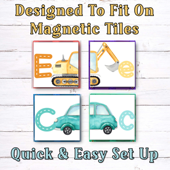 Vehicle Alphabet Letter Match Activity - Magnetic Tile Topper