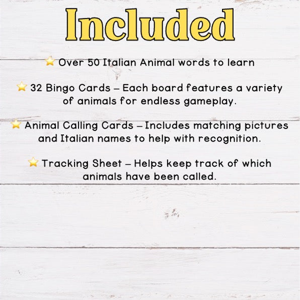 Italian Animal Bingo