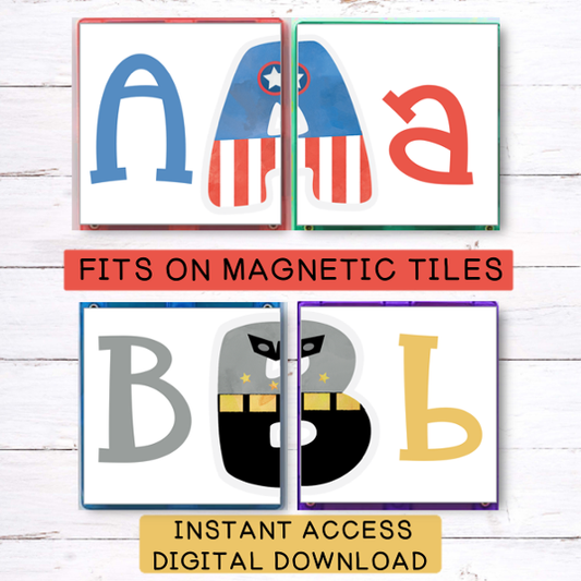 Superhero Alphabet Letter Match Activity - Magnetic Tile Toppers